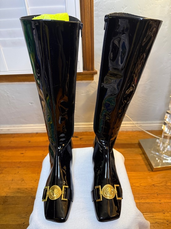 Jeffrey Campbell Shoes - Jeffrey Campbell Black Patent Over-the-Knee Boots with Gold Medallion